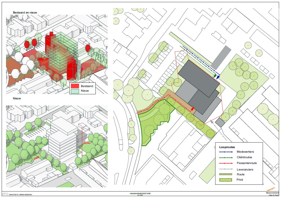 Looproutes rondom het gebouw en 3d impressie gebouw